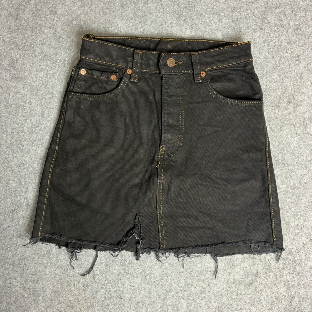Vintage Levis 25x15 Black Denim Mini Skirt High Waisted Raw Hem Faded Y2K